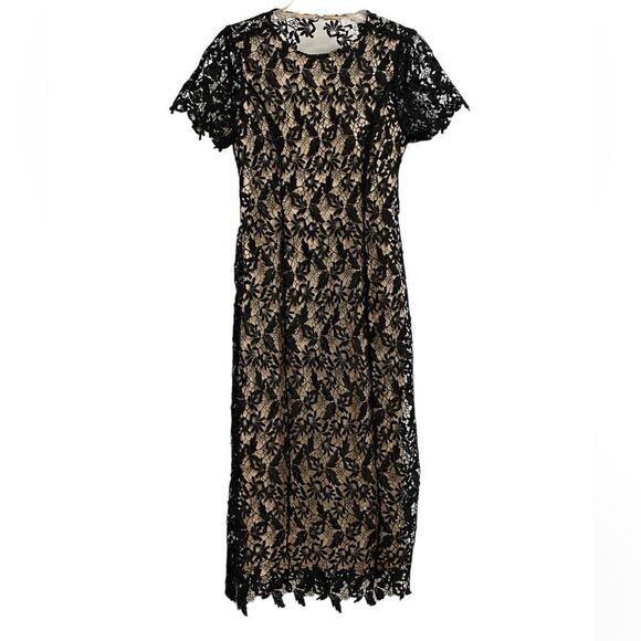 NWOT NSR Open Back Lace Overlay Midi Dress Size M Black Beige Short Sleeve Fairy - Picture 2 of 16